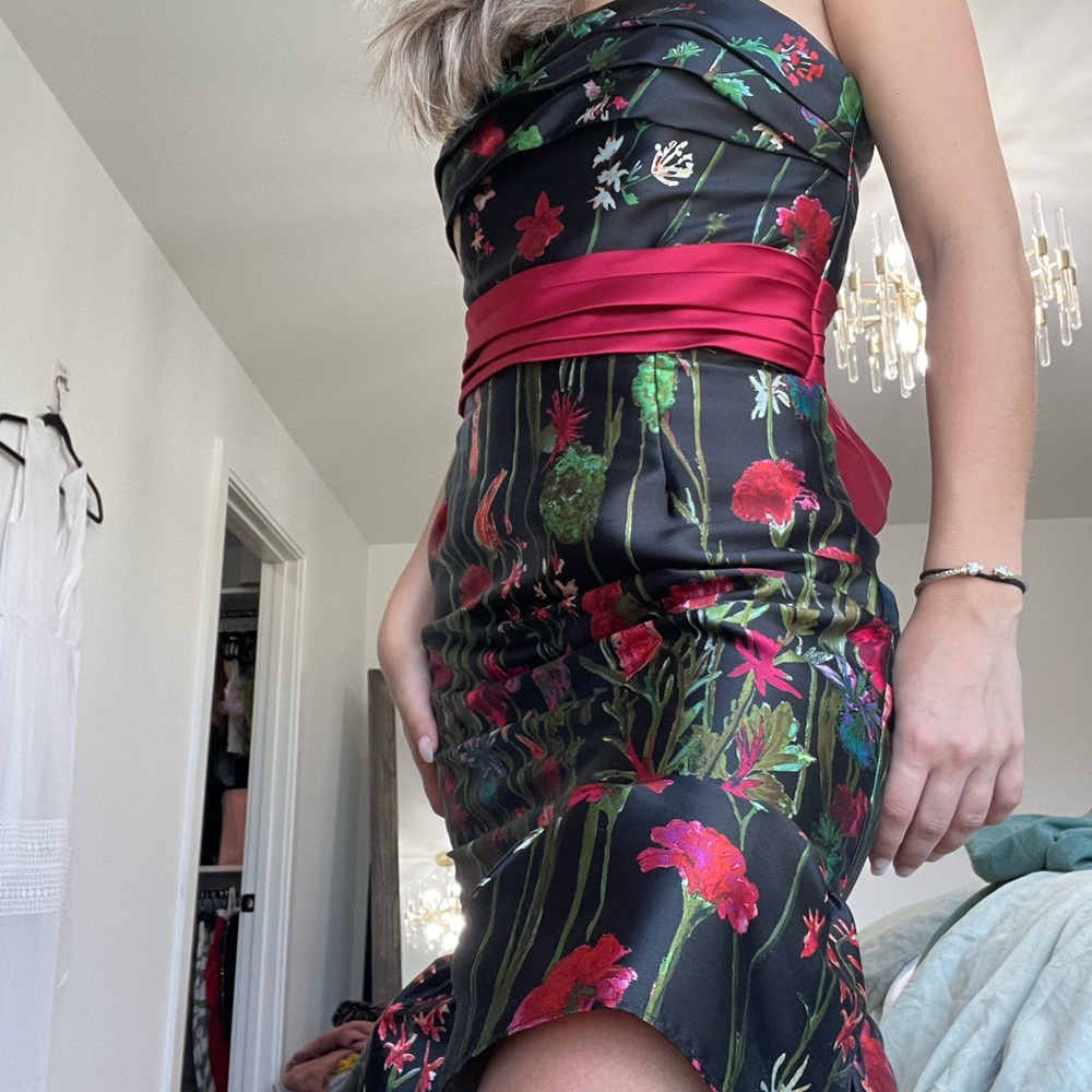 Marchesa notte Strapless printed floral cocktail dress